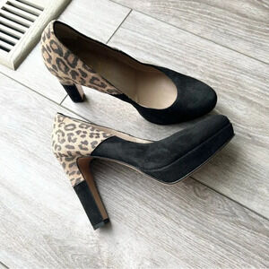 Leopard Black Suede Leather Block Heel Pumps Made in Italy